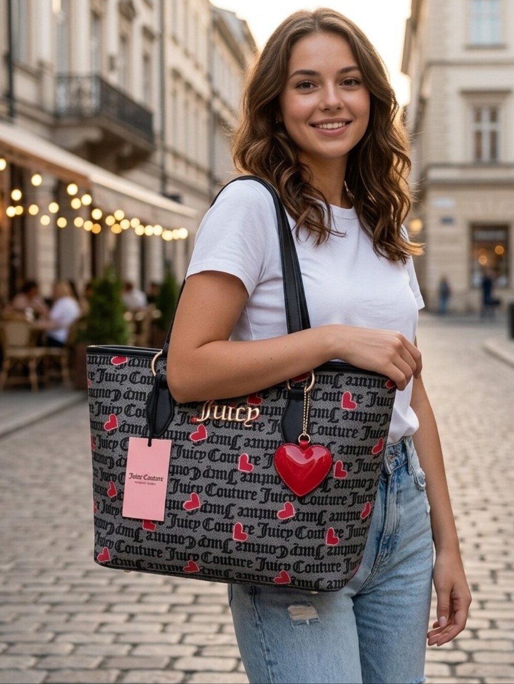 Juicy Couture Gray Tote with Pink Heart Accents